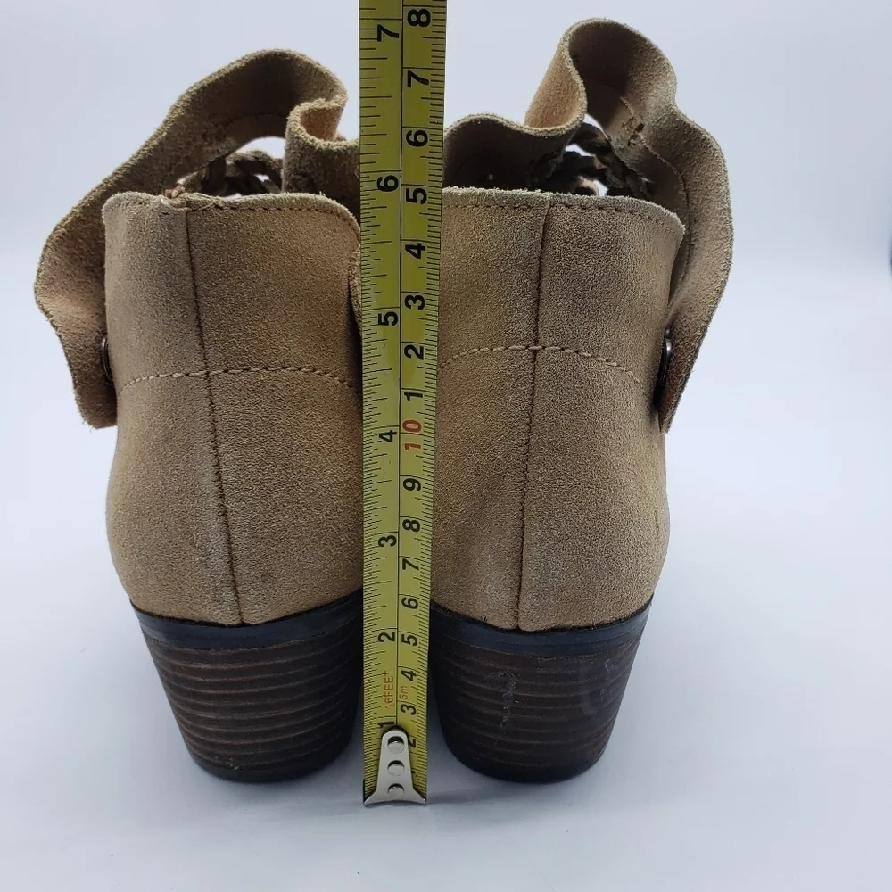 Plume by FarylRobin women US 9 DORAN tan suede ankle booties side snap woven